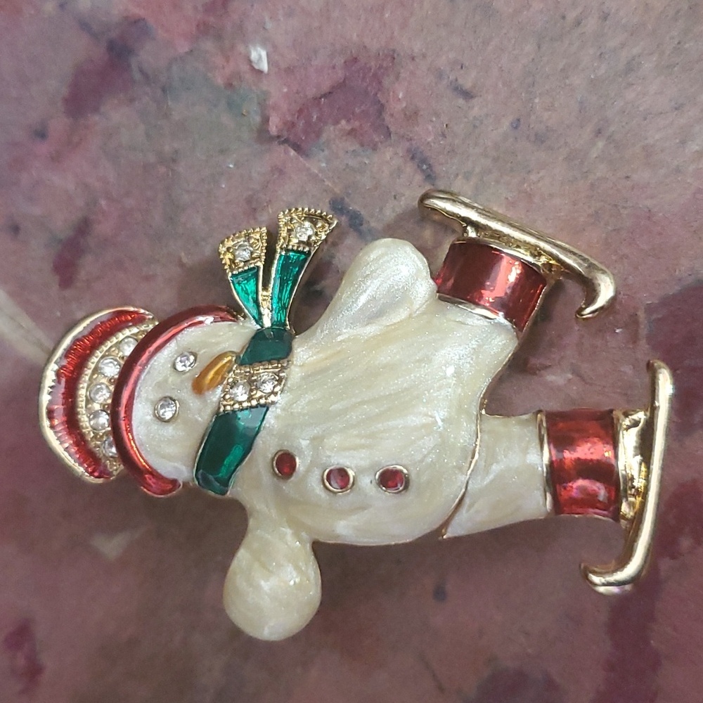 Vintage Monet Rhinestone Enamel Snowman Brooch Pin Gold Tone Metal Signed Dx664